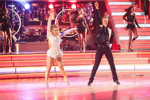 Olympic gymnast Shawn Johnson and her partner Derek Hough received 30 out of 30 points from the judges for their Freestyle on 'Dancing With The Stars: All-Stars' on Monday, Nov. 26, 2012.