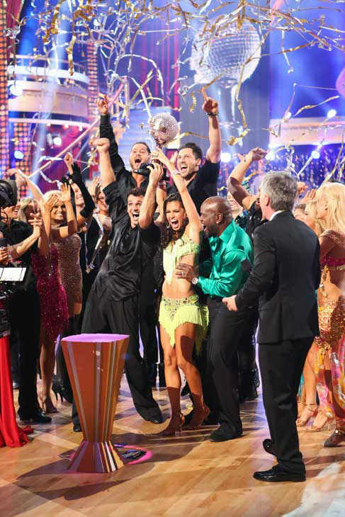 Reality star Melissa Rycroft and her partner Tony Dovolani react to winning on the 'Dancing With The Stars: All-Stars' finale on November 27, 2012.