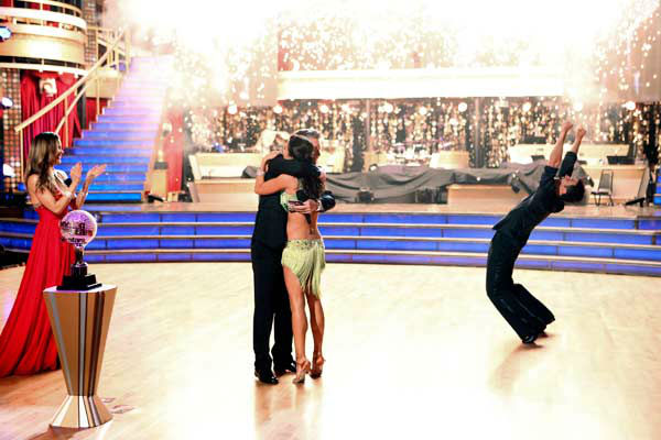 Reality star Melissa Rycroft and her partner Tony Dovolani react to winning on the 'Dancing With The Stars: All-Stars' finale on November 27, 2012.