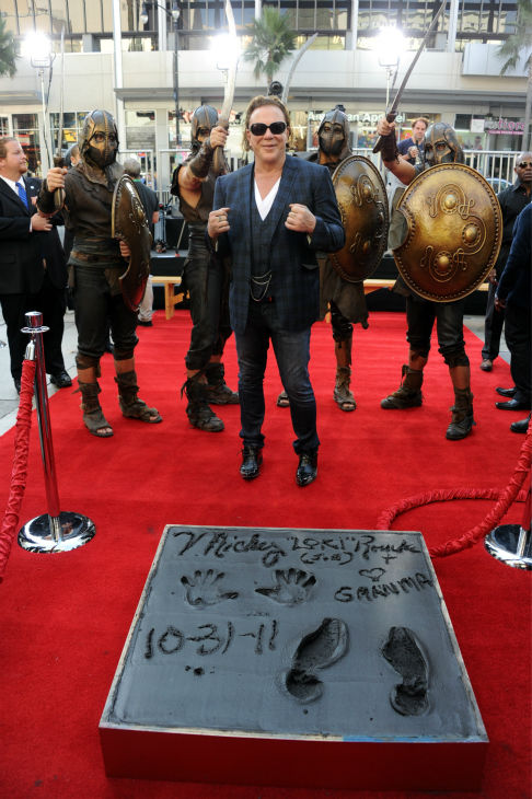 Actor Mickey Rourke is immortalized at his Hand and Footprint Ceremony held at Grauman's Chinese Theatre on Oct. 31, 2011 in Hollywood, California.