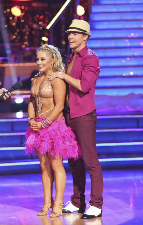 Olympic gymnast Shawn Johnson and her partner Derek Hough received 39.5 out of 40 points from the judges for their Mambo on 'Dancing With The Stars: All-Stars' on October 15, 2012.