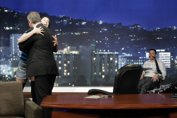 Matt Damon hugs Sarah Silverman as Jimmy Kimmel...
