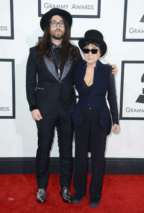 Sean Lennon, left, and Yoko Ono arrive at the 56th annual GRAMMY Awards at Staples Center on Sunday, Jan. 26, 2014, in Los Angeles.
