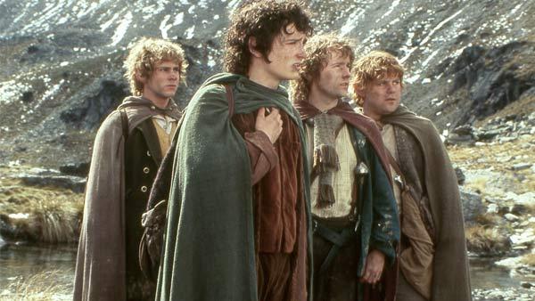This undated photo originally released by New Line Productions shows actors, from left, Dominic Monaghan as Merry, Elijah Wood as Frodo, Billy Boyd as Pippin and Sean Astin as Sam in a scene from New Line Cinema's 'The Lord of the Rings.'