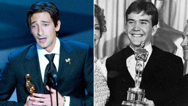 Left, Adrien Brody accepts the Oscar for 'Best Actor' for his work in 'The Pianist' in 2003. Right, Timothy Hutton accepts the Oscar for 'Best Supporting Actor' for his role in 'Ordinary People' in 1981.