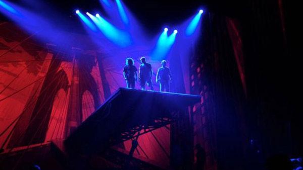 Technicians atop teh Brooklyn Bridge during rehearsal for 'Spider-Man: Turn off the Dark', the Broadway musical.