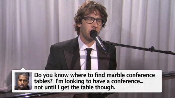 Josh Groban in a still from his January 3, 2011 appreance on Jimmy Kimmel Live in a parody of Kanye Wests Tweets. - Provided courtesy of ABC Josh Groban in a still from his January 3, 2011 appreance on Jimmy Kimmel Live in a parody of Kanye Wests Tweets. - Provided courtesy of ABC