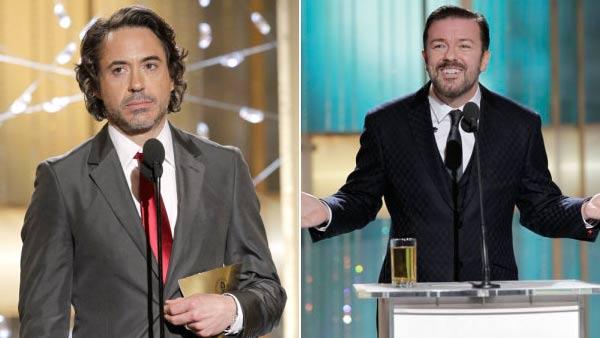 Left: Robert Downey Jr. Right: Ricky Gervais at the Golden Globe Awards Sunday, Jan. 16, 2011, in Beverly Hills, Calif. - Provided courtesy of NBC Left: Robert Downey Jr. Right: Ricky Gervais at the Golden Globe Awards Sunday, Jan. 16, 2011, in Beverly Hills, Calif. - Provided courtesy of NBC