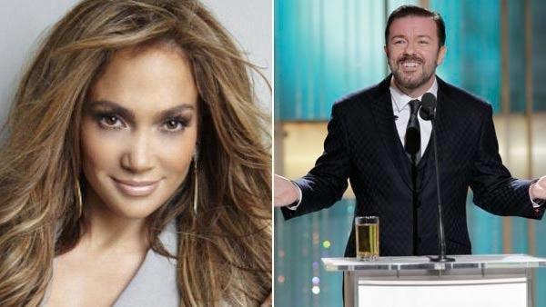 Left: Jennifer Lopez appears in a promotional photo for American Idol. Right: Ricky Gervais in a photo from the 2011 Golden Globes on Jan. 16, 2011. - Provided courtesy of Tony Duran / FOX / NBC Left: Jennifer Lopez appears in a promotional photo for American Idol. Right: Ricky Gervais in a photo from the 2011 Golden Globes on Jan. 16, 2011. - Provided courtesy of Tony Duran / FOX / NBC
