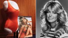 Left: Objects from the private collection of Farrah Fawcetts estate, including the red swimsuit from her iconic 1976 poster Right: Actress Farrah Fawcett-Majors is shown, Jan. 1977. - Provided courtesy of AP / Jacquelyn Martin