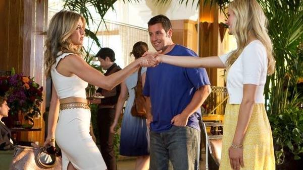Jennifer Aniston, Adam Sandler and Brooklyn Decker in a still from their 2011 film, Just Go with It. - Provided courtesy of Columbia Pictures Jennifer Aniston, Adam Sandler and Brooklyn Decker in a still from their 2011 film, Just Go with It. - Provided courtesy of Columbia Pictures
