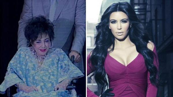 Elizabeth Taylor appears in a wheelchair before undergoing heart surgery in 2009/Kim Kardashian in publicity photo for Kim and Kourtney Take Manhattan. - Provided courtesy of ABC7/Photo courtesey of Kim Kardashians official website, KimKardashian.Celebuzz.com Elizabeth Taylor appears in a wheelchair before undergoing heart surgery in 2009/Kim Kardashian in publicity photo for Kim and Kourtney Take Manhattan. - Provided courtesy of ABC7/Photo courtesey of Kim Kardashians official website, KimKardashian.Celebuzz.com