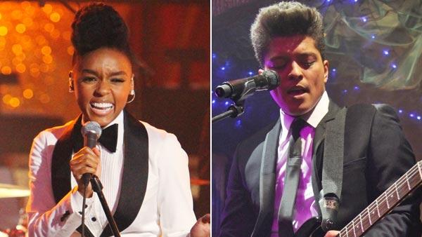 Left: Singer Janelle Monae performed on Dancing With the Stars: The Results Show, Tuesday, Sept. 28, 2010. Right: Bruno Mars performing at the Cafe De Paris in London on January 11, 2011. - Provided courtesy of ABC / Brunomars.com. Left: Singer Janelle Monae performed on Dancing With the Stars: The Results Show, Tuesday, Sept. 28, 2010. Right: Bruno Mars performing at the Cafe De Paris in London on January 11, 2011. - Provided courtesy of ABC / Brunomars.com.