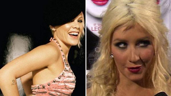 Pink appears in a promotional photo posted on her Facebook page on October 30, 2007. / Christina Aguilera speaks to OnTheRedCarpet.com at the Los Angeles premiere of Burlesque on Nov. 15, 2010. - Provided courtesy of Sony BMG / facebook.com/pink / OTRC Pink appears in a promotional photo posted on her Facebook page on October 30, 2007. / Christina Aguilera speaks to OnTheRedCarpet.com at the Los Angeles premiere of Burlesque on Nov. 15, 2010. - Provided courtesy of Sony BMG / facebook.com/pink / OTRC