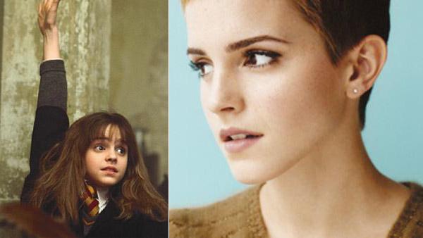 Emma Watson as Hermione Granger in 'Harry Potter and the Sorceror's Stone' in 2001. / Emma Watson appears in a promotional photo posted on her Twitter page in 2011.