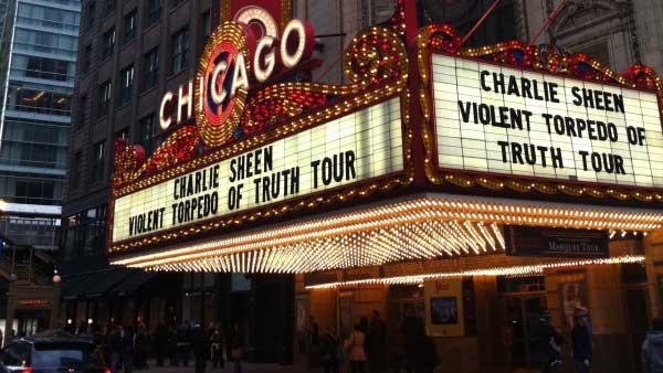 Charlie Sheen takes a photo of the Chicago marquee for his tour on April 3, 2011. - Provided courtesy of Twitter.com/charliesheen Charlie Sheen takes a photo of the Chicago marquee for his tour on April 3, 2011. - Provided courtesy of Twitter.com/charliesheen