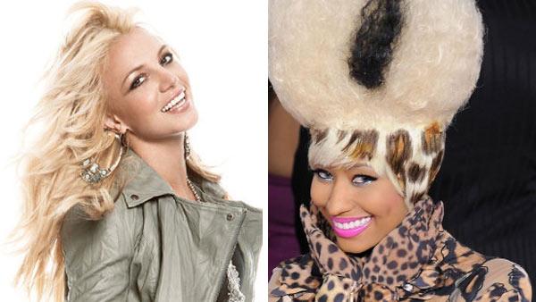 Britney Spears is pictured in this undated photo, posted on her Facebook page. / Nicki Minaj appears at the Grammy Awards on Feb. 13, 2011. - Provided courtesy of facebook.com/britneyspears / Nicki Minajs official website - mypinkfriday.com Britney Spears is pictured in this undated photo, posted on her Facebook page. / Nicki Minaj appears at the Grammy Awards on Feb. 13, 2011. - Provided courtesy of facebook.com/britneyspears / Nicki Minajs official website - mypinkfriday.com