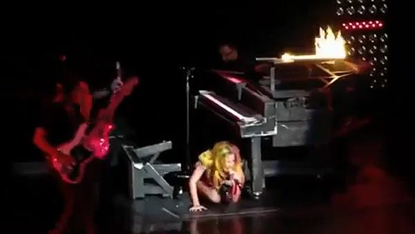 Lady Gaga falls off a piano bench during an April 8, 2011 concert in Houston, Texas. - Provided courtesy of youtube.com/user/xALbOHDx Lady Gaga falls off a piano bench during an April 8, 2011 concert in Houston, Texas. - Provided courtesy of youtube.com/user/xALbOHDx