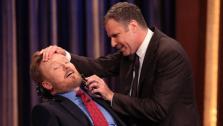 Conan OBrien appears with Will Ferrell, who shaves some of his beard off on TBS talk show Conan on May 2, 2011. - Provided courtesy of OTRC / Meghan Sinclair / Team Coco / teamcoco.com