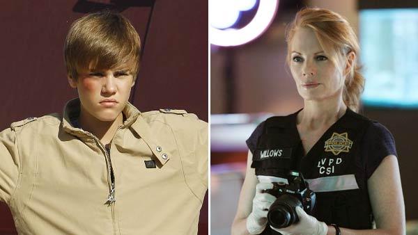 Justin Bieber and Marg Helgenberger appear in different scenes from CSI. - Provided courtesy of CBS Justin Bieber and Marg Helgenberger appear in different scenes from CSI. - Provided courtesy of CBS