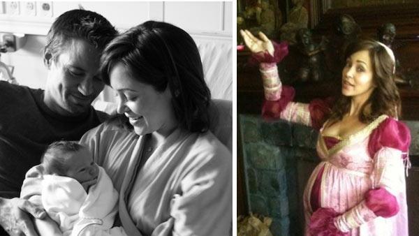 Autumn Reeser, Jesse Warren and their new baby appear in a photo posted on Warren's Twitter page. / Autumn Reeser shows off her baby bump at a princess-themed tea party in Los Angeles in mid-April.