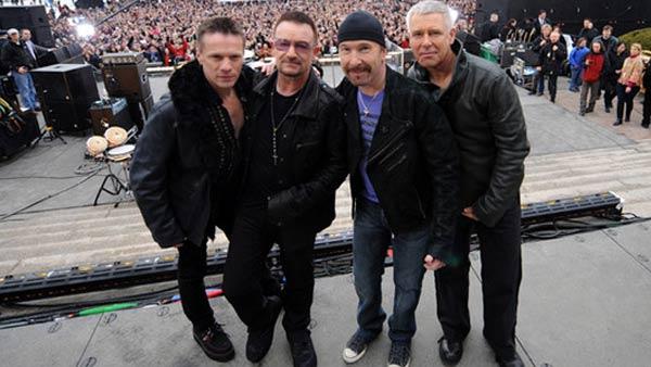 Members of U2, Bono, The Edge, Adam Clayton and Larry Mullen, Jr. appear in an undated photograph taken at Fordham University in New York, courtesy of their official website, U2.com.