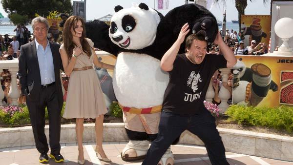 Jack Black (Po), Angelina Jolie (Tigress) and Dustin Hoffman (Shifu) dazzle the crowds at a photo call in Cannes, France to celebrate DreamWorks Animations Kung Fu Panda 2, which will be released by Paramount Pictures on Thursday, May 26, 2011. - Provided courtesy of Lucian Capellaro / Paramount