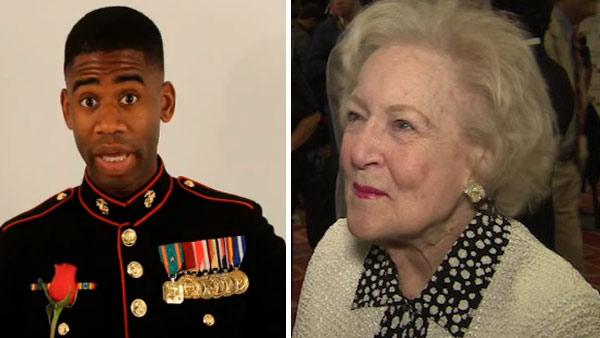 Marine Sgt. Ray Lewis asks Betty White to the Marine Corps Ball, as seen in this video posted on YouTube on July 15, 2011. / Betty White talks to OnTheRedCarpet.com in April 2011 at the Actors and Others for Animals 40th anniversary. - Provided courtesy of OTRC / youtube.com/user/RSonicVision Marine Sgt. Ray Lewis asks Betty White to the Marine Corps Ball, as seen in this video posted on YouTube on July 15, 2011. / Betty White talks to OnTheRedCarpet.com in April 2011 at the Actors and Others for Animals 40th anniversary. - Provided courtesy of OTRC / youtube.com/user/RSonicVision