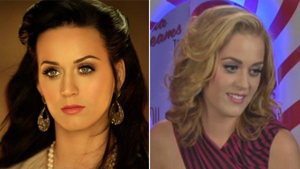 Perry is seen on the left in the Firework video as a brunette and on the right in her MTV interview as a blonde. - Provided courtesy of Capitol Records / MTV Perry is seen on the left in the Firework video as a brunette and on the right in her MTV interview as a blonde. - Provided courtesy of Capitol Records / MTV