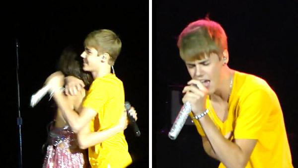 Justin Bieber makes a surprise appearance at his girlfriend Selena Gomezs concert at the O.C. Fair in Costa Mesa, California on July 24, 2011, as seen in this fan-made video. - Provided courtesy of youtube.com/user/amandacapellino Justin Bieber makes a surprise appearance at his girlfriend Selena Gomezs concert at the O.C. Fair in Costa Mesa, California on July 24, 2011, as seen in this fan-made video. - Provided courtesy of youtube.com/user/amandacapellino
