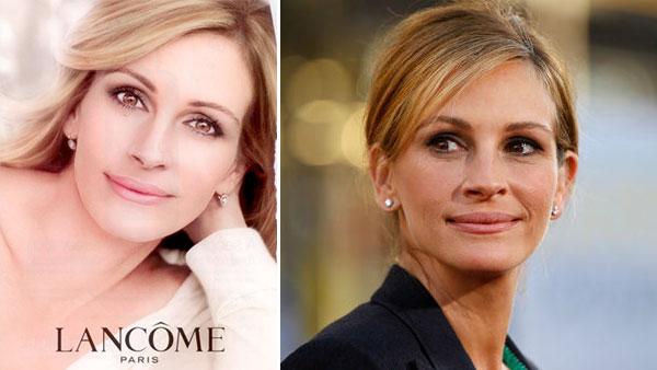 Left: Julia Roberts appears in an ad for Lancome Right: Cast member Julia Roberts arrives at the premiere of Larry Crowne in Los Angeles, Monday, June 27, 2011. Larry Crowne will be released on July 1. - Provided courtesy of AP / Matt Sayles / Lancome Left: Julia Roberts appears in an ad for Lancome Right: Cast member Julia Roberts arrives at the premiere of Larry Crowne in Los Angeles, Monday, June 27, 2011. Larry Crowne will be released on July 1. - Provided courtesy of AP / Matt Sayles / Lancome
