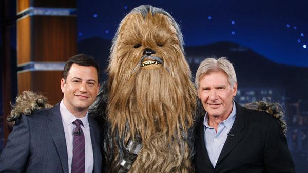 Harrison Ford and Chewbacca appear on Jimmy Kimmel Live on July 26, 2011. - Provided courtesy of ABC Harrison Ford and Chewbacca appear on Jimmy Kimmel Live on July 26, 2011. - Provided courtesy of ABC