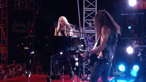 Lady Gaga performs on the ABC late-night talk show 'Jimmy Kimmel Live!' on Thursday July 28, 2011.