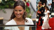Pippa Middleton, Kate Middletons sister and bridesmaid Margarita Armstrong-Jones leave the Goring Hotel for Westminster Abbey ahead of the Royal Wedding on April, 29, 2011. / Pippa Middleton with Prince Harry at her sisters wedding to Prince William. - Provided courtesy of AP / Joel Ryan