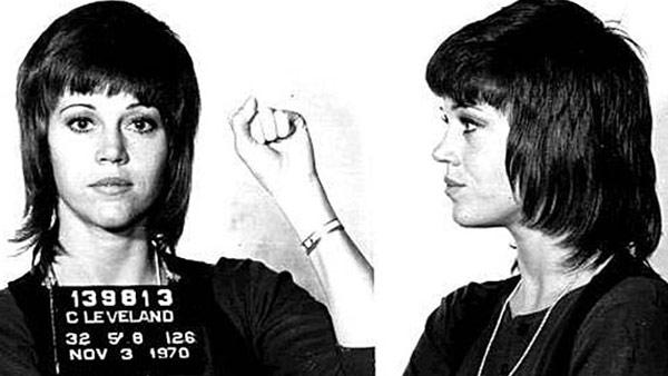Jane Fonda appears in a mug shot taken after her 1970 arrest in Ohio for alleged drug smuggling.