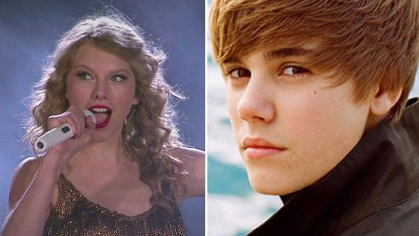 Taylor Swift appears in a scene from her music video Sparks Fly, which was released on Aug. 10, 2011. / Justin Bieber appears in an undated photo from his official website, JustinBieberMusic.com. - Provided courtesy of Big Machine Records Inc. / JustinBieberMusic.com Taylor Swift appears in a scene from her music video Sparks Fly, which was released on Aug. 10, 2011. / Justin Bieber appears in an undated photo from his official website, JustinBieberMusic.com. - Provided courtesy of Big Machine Records Inc. / JustinBieberMusic.com