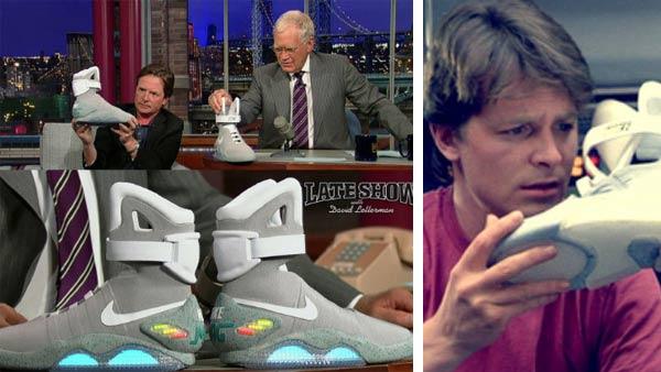 Michael J. Fox shows off the 2011 Nike Mags on The Late Show with David Letterman on Sept. 8, 2011 in this photo posted on the shows Twitter page. / Michael J. Fox appears in a scene from the 1989 movie Back To The Future - Part II. - Provided courtesy of yfrog.com/h0iwdtmj / Universal Pictures Michael J. Fox shows off the 2011 Nike Mags on The Late Show with David Letterman on Sept. 8, 2011 in this photo posted on the shows Twitter page. / Michael J. Fox appears in a scene from the 1989 movie Back To The Future - Part II. - Provided courtesy of yfrog.com/h0iwdtmj / Universal Pictures