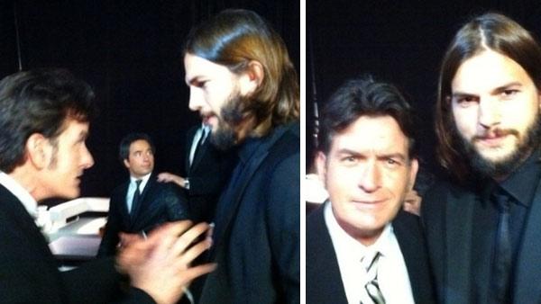 Charlie Sheen and Ashton Kutcher, his replacement on Two and a Half Men, appear backstage at the 2011 Emmy Awards in Los Angeles on Sept. 19, 2011. - Provided courtesy of whosay.com/charliesheen/photos/70368 Charlie Sheen and Ashton Kutcher, his replacement on Two and a Half Men, appear backstage at the 2011 Emmy Awards in Los Angeles on Sept. 19, 2011. - Provided courtesy of whosay.com/charliesheen/photos/70368