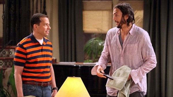 Ashton Kutcher and Jon Cryer appear in a scene from Two and a Half Men during the CBS shows ninth season premiere on Sept. 19, 2011. - Provided courtesy of CBS Ashton Kutcher and Jon Cryer appear in a scene from Two and a Half Men during the CBS shows ninth season premiere on Sept. 19, 2011. - Provided courtesy of CBS