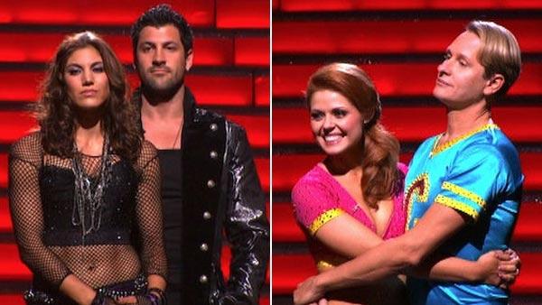 Hope Solo and her partner Maksim Chmerkovskiy (left) and Carson Kressley and his partner Anna Trebunskaya (right) wait to find out which of the two teams will be eliminated from Dancing With The Stars on Tuesday, Oct. 18, 2011. - Provided courtesy of ABC Hope Solo and her partner Maksim Chmerkovskiy (left) and Carson Kressley and his partner Anna Trebunskaya (right) wait to find out which of the two teams will be eliminated from Dancing With The Stars on Tuesday, Oct. 18, 2011. - Provided courtesy of ABC