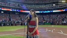 Zooey Deschanel sings at Game 4 of the 2011 World Series in Arlington, Texas on Oct. 23, 2011. - Provided courtesy of FOX / MLB