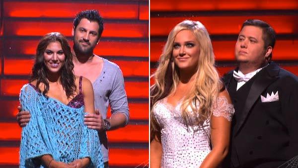 LGBT activist Chaz Bono and his partner Lacey Schwimmer, U.S. soccer star Hope Solo and her partner Maksim Chmerkovskiy await possible elimination on Dancing With The Stars: The Result Show on Tuesday, October 25, 2011. - Provided courtesy of ABC LGBT activist Chaz Bono and his partner Lacey Schwimmer, U.S. soccer star Hope Solo and her partner Maksim Chmerkovskiy await possible elimination on Dancing With The Stars: The Result Show on Tuesday, October 25, 2011. - Provided courtesy of ABC