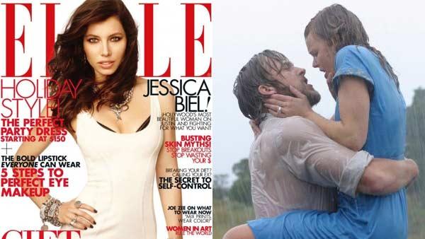 Jessica Biel on the December 2011 cover of Elle magazine / Rachel McAdams and Ryan Gosling in a scene from the 2004 film The Notebook. - Provided courtesy of Elle / New Line Cinema Jessica Biel on the December 2011 cover of Elle magazine / Rachel McAdams and Ryan Gosling in a scene from the 2004 film The Notebook. - Provided courtesy of Elle / New Line Cinema