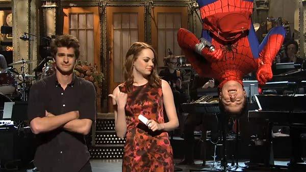 Emma Stone, Andrew Garfield and Andy Samberg appear in a still from Saturday Night Live, which aired on November 12, 2011. - Provided courtesy of NBC Emma Stone, Andrew Garfield and Andy Samberg appear in a still from Saturday Night Live, which aired on November 12, 2011. - Provided courtesy of NBC