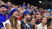 Olviia Wilde and Jason Sudeikis and Olivia Wilde are introduced during the timeout at a Kansas University Jayhawks basketball game in Lawrence, Kansas, the actors home state, on Dec. 29, 2011. - Provided courtesy of twitter.com/KUAthletics/status/152566760573374465