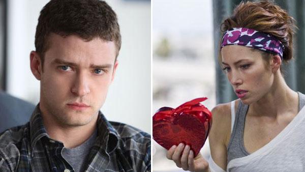 Justin Timberlake appears in a still from his 2009 film, 'The Open Road.'/Jessica Biel appears in a still from her 2010 film, 'Valentine's Day.'