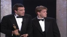 Ben Affleck and Matt Damon appear in an enthusiastic speech for their win in Good Will Hunting at the Academy Awards.