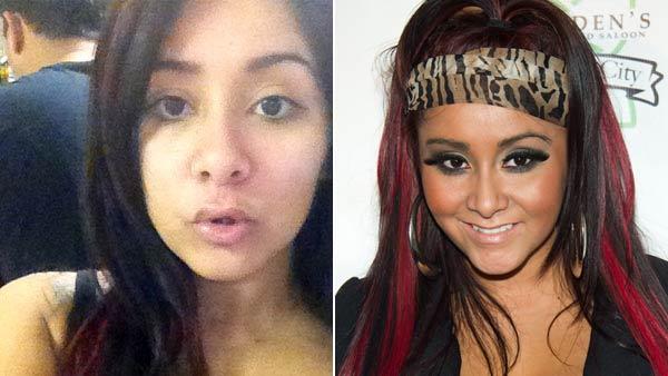 Left: Snooki seen with no makeup in a Twitter photo posted on Jan. 18. Right: Nicole 'Snooki' Polizzi attends a press event to announce her new venture, Team Snooki Boxing and the upcoming boxing matches in New York, Jan. 12, 2012.