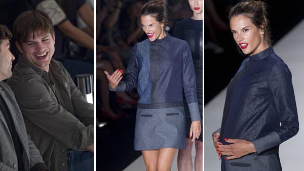 Ashton Kutcher, right, smiles as he attends the presentation of the Colcci collection at the Sao Paulo Fashion Week in Sao Paulo, Brazil on Jan. 22, 2012. / Brazilian model Alessandra Ambrosio, who is pregnant, gestures to Kutcher at the fashion show. - Provided courtesy of AP / Andre Penner Ashton Kutcher, right, smiles as he attends the presentation of the Colcci collection at the Sao Paulo Fashion Week in Sao Paulo, Brazil on Jan. 22, 2012. / Brazilian model Alessandra Ambrosio, who is pregnant, gestures to Kutcher at the fashion show. - Provided courtesy of AP / Andre Penner