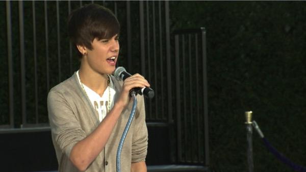 Justin Bieber appears on stage at Michael Jackson's hand and footprint ceremony at the Grauman's Chinese Theatre on Jan. 26, 2012.